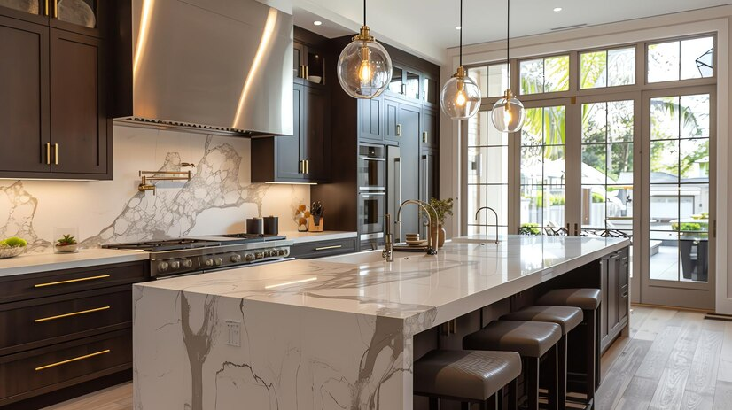 Kitchen island with a quartz countertop simulating marble, representing the infinite possibilities of quartz countertop colors.