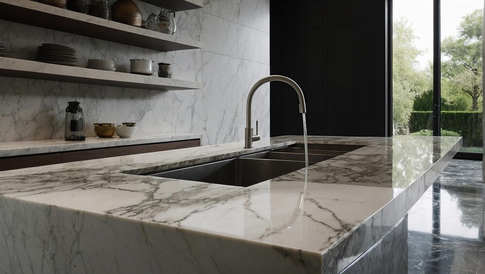 Luxurious kitchen with a quartz countertop that imitates marble, inspiration for people looking for “quartz countertops near me”