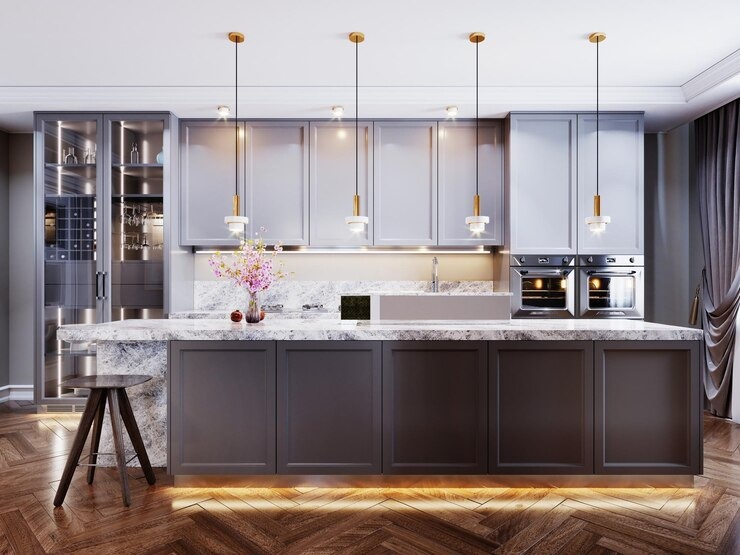 Elegant kitchen with contemporary gray furniture and an island with a countertop, representing the quartz countertop colors