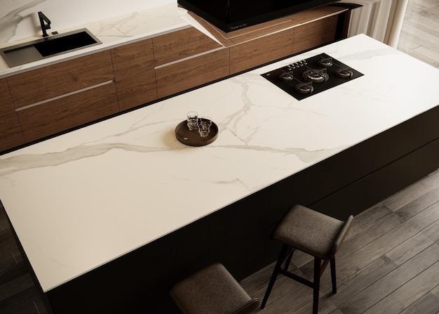 Design moderno de ilha de cozinha com uma bancada de pedra, inspiração para pessoas que buscam “quartz countertops near me”.