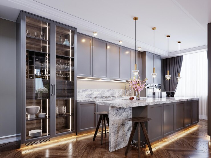 Modern and elegant kitchen with contemporary furniture and an island, representing the importance of selecting the best quartz countertop colors.