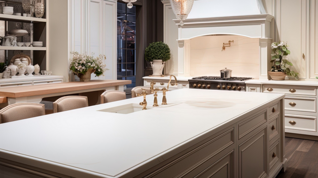 Kitchen island with a stone countertop and classic decor, inspiration for people looking for “quartz countertops near me”.