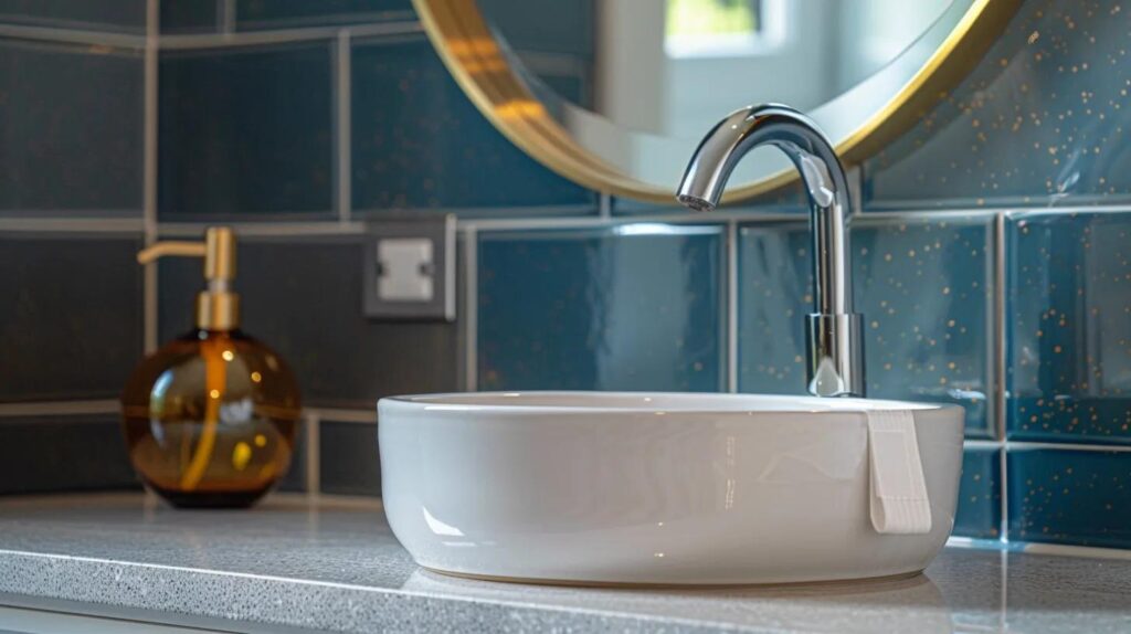 Cinematic interior photography of a sophisticated bathroom vanity area. The focus is on a sleek, grey quartz countertop with subtle white speckles, holding a modern, white ceramic vessel sink with a polished chrome faucet. Behind it, a backsplash of small, glossy deep blue subway tiles. A stylish round mirror with a thin brass frame hangs above, reflecting soft natural light coming from an unseen window. On the counter, a high-end amber glass soap dispenser and a folded white waffle-weave hand towel. Serene atmosphere, hyper-realistic, 8k, architectural magazine style, sharp focus on materials, clean composition.