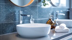 Cinematic interior photography of a sophisticated bathroom vanity area. The focus is on a sleek, grey quartz countertop with subtle white speckles, holding a modern, white ceramic vessel sink with a polished chrome faucet. Behind it, a backsplash of small, glossy deep blue subway tiles. A stylish round mirror with a thin brass frame hangs above, reflecting soft natural light coming from an unseen window. On the counter, a high-end amber glass soap dispenser and a folded white waffle-weave hand towel. Serene atmosphere, hyper-realistic, 8k, architectural magazine style, sharp focus on materials, clean composition.