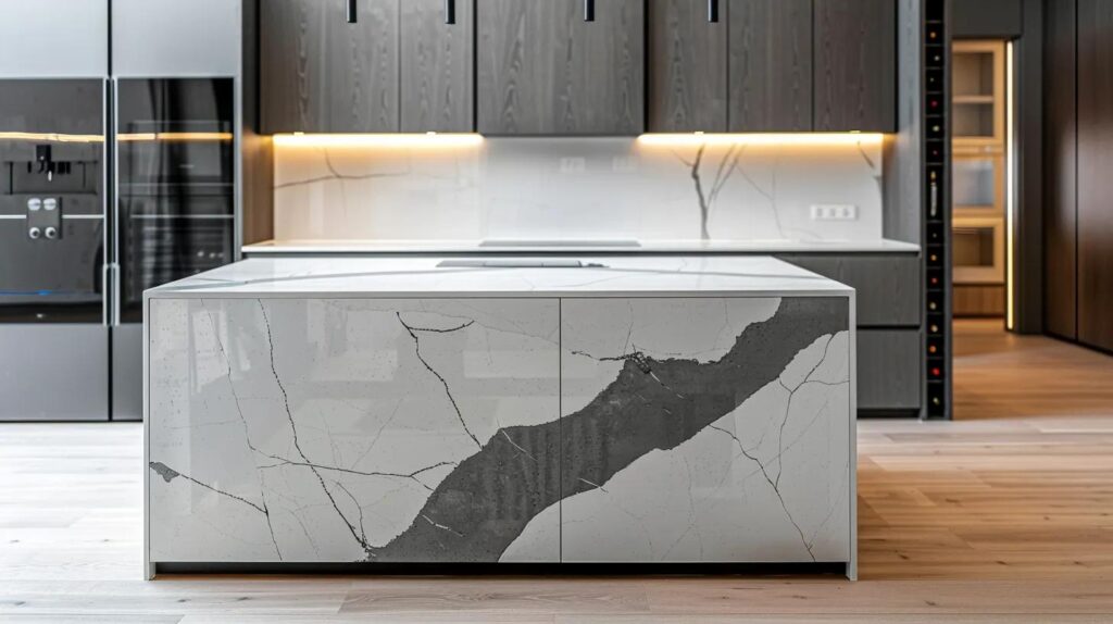 A breathtaking, professional architectural shot of a large kitchen island featuring a dramatic 'Waterfall Edge' made of premium Calacatta marble with bold, charcoal-grey veining. The stone flows seamlessly from the top down to the hardwood floor. The surface has a soft matte finish that feels modern and elegant. In the background, a minimalist high-end kitchen with warm neutral cabinetry is visible. The lighting is soft and directional, highlighting the natural movement of the stone's patterns. No people, no text, 8k, photorealistic, sharp focus on the edge transition.
