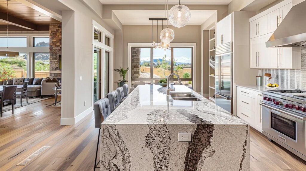 Luxurious modern kitchen featuring stunning natural stone countertops, large granite or quartz island with rich veining patterns in warm gray and white tones, polished surface with deep luster reflecting soft natural daylight from oversized windows, contemporary white shaker cabinets with brushed nickel hardware, professional stainless steel appliances, pendant lighting above island, open-concept design with comfortable seating area visible in background, hardwood or LVP flooring, fresh flowers or fruit bowl on countertop, inviting warm atmosphere, late morning golden sunlight streaming through windows creating soft shadows, professional architectural photography, impeccable stone fabrication quality, pristine condition showcasing natural stone beauty and durability, crystal clear details, elegant and functional kitchen space, no text, no people whatsoever