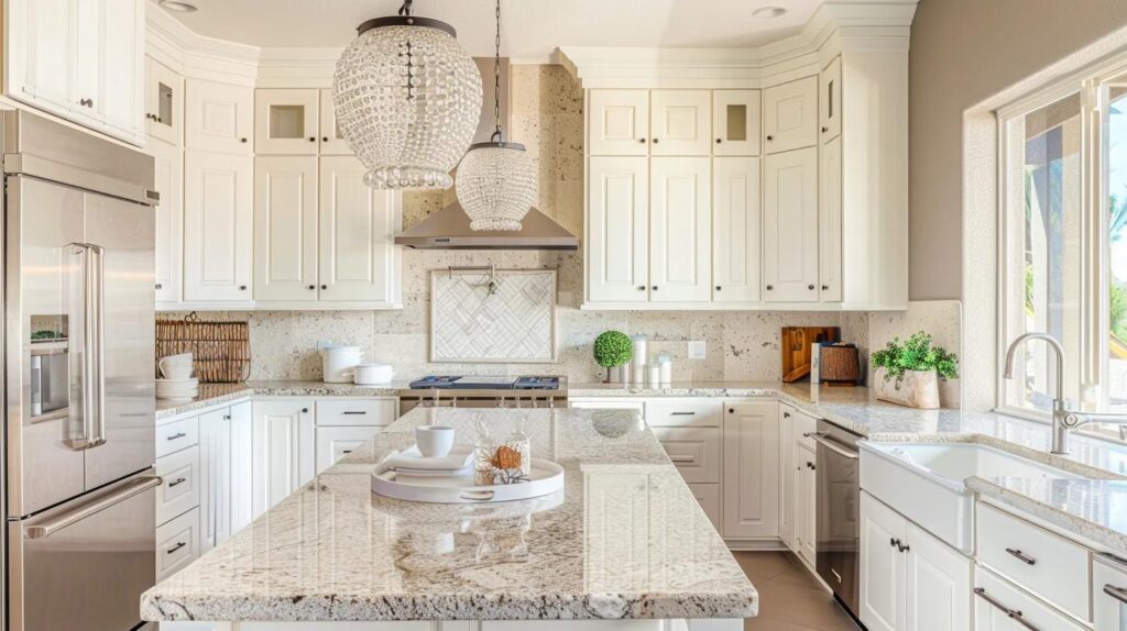Beautiful modern kitchen transformation showcasing stunning new stone countertops, luxurious granite or quartz island with natural veining patterns, before and after concept with upgraded countertops as focal point, contemporary white cabinets, stainless steel appliances, natural sunlight streaming through windows, professional kitchen remodel result, inviting cooking space, DIY upgrade success, warm welcoming atmosphere, crystal clear details, no text, no people whatsoever