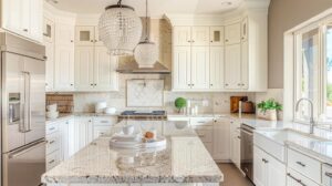 Beautiful modern kitchen transformation showcasing stunning new stone countertops, luxurious granite or quartz island with natural veining patterns, before and after concept with upgraded countertops as focal point, contemporary white cabinets, stainless steel appliances, natural sunlight streaming through windows, professional kitchen remodel result, inviting cooking space, DIY upgrade success, warm welcoming atmosphere, crystal clear details, no text, no people whatsoever