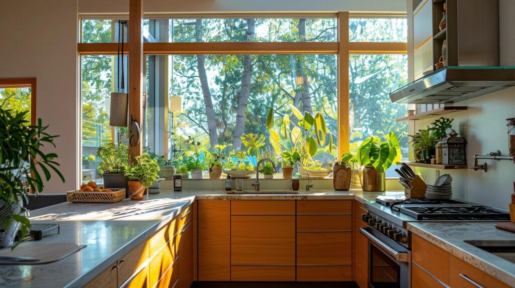 Modern sustainable kitchen with beautiful eco-friendly countertops, natural stone or recycled material surface, abundant natural light through large windows, indoor plants, reclaimed wood accents, professional green architecture photography, environmentally conscious design, no text, no people whatsoever