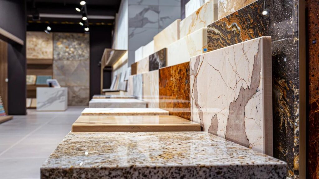 Professional stone countertop showroom with extensive display of granite, marble, and quartz slabs arranged vertically, natural and artificial lighting, modern retail environment, local supplier showcase, inviting selection space, natural materials on display, no text, no people whatsoever