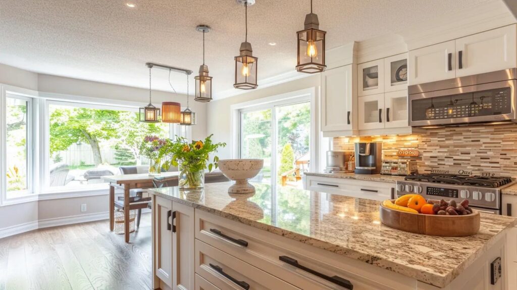 Beautiful renovated kitchen with affordable new countertops, modern updated look achieved on budget, white cabinets, stylish backsplash, natural abundant lighting, professional before-after concept photography, budget-friendly transformation, inviting upgraded space, no text, no people whatsoever
