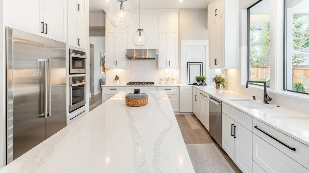 Beautiful modern kitchen transformed with affordable quartz countertops, clean white or gray tones, contemporary cabinets, stainless appliances, natural abundant light through windows, professional budget renovation photography, accessible luxury aesthetic, cost-effective elegance, inviting updated space, no text, no people whatsoever