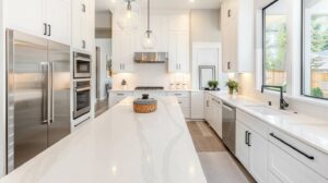 Beautiful modern kitchen transformed with affordable quartz countertops, clean white or gray tones, contemporary cabinets, stainless appliances, natural abundant light through windows, professional budget renovation photography, accessible luxury aesthetic, cost-effective elegance, inviting updated space, no text, no people whatsoever