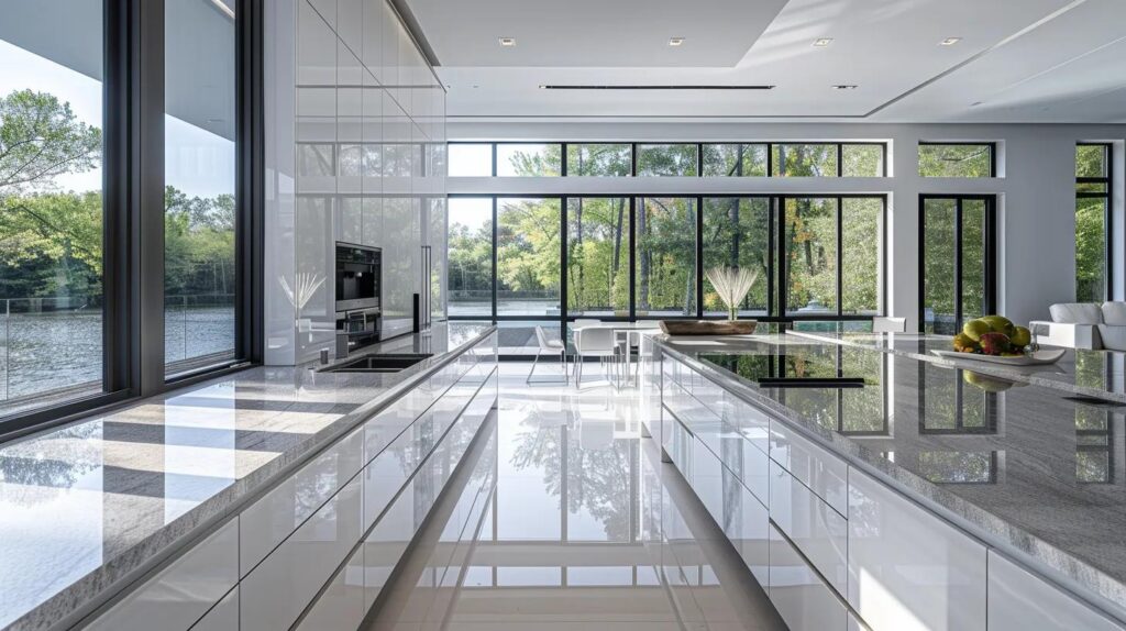 Luxurious contemporary kitchen featuring stunning polished granite countertops with high-gloss mirror-like finish reflecting abundant natural light, sleek modern white cabinets, minimalist design, floor-to-ceiling windows, professional high-end interior photography, sophisticated reflective surface beauty, light-enhancing aesthetic, elegant modern space, no text, no people whatsoever