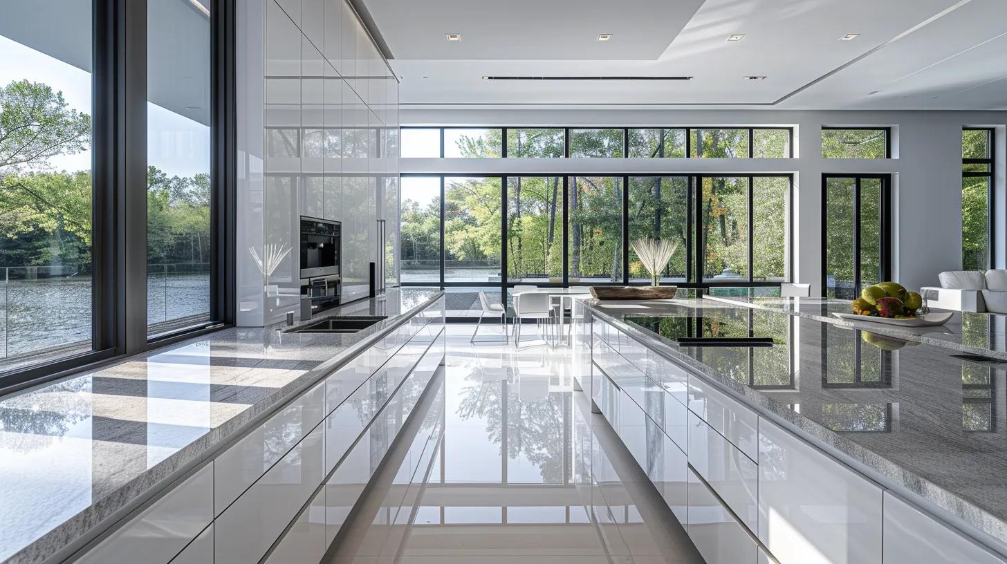Luxurious contemporary kitchen featuring stunning polished granite countertops with high-gloss mirror-like finish reflecting abundant natural light, sleek modern white cabinets, minimalist design, floor-to-ceiling windows, professional high-end interior photography, sophisticated reflective surface beauty, light-enhancing aesthetic, elegant modern space, no text, no people whatsoever
