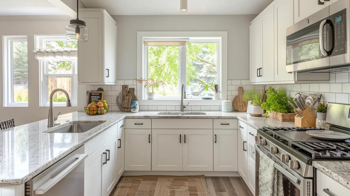 Beautiful bright kitchen transformed with budget-friendly laminate countertops mimicking expensive stone, clean white cabinets, modern subway tile backsplash, stainless appliances, natural abundant window light, professional affordable renovation photography, stunning results on budget, accessible style achieved, inviting updated space, no text, no people whatsoever
