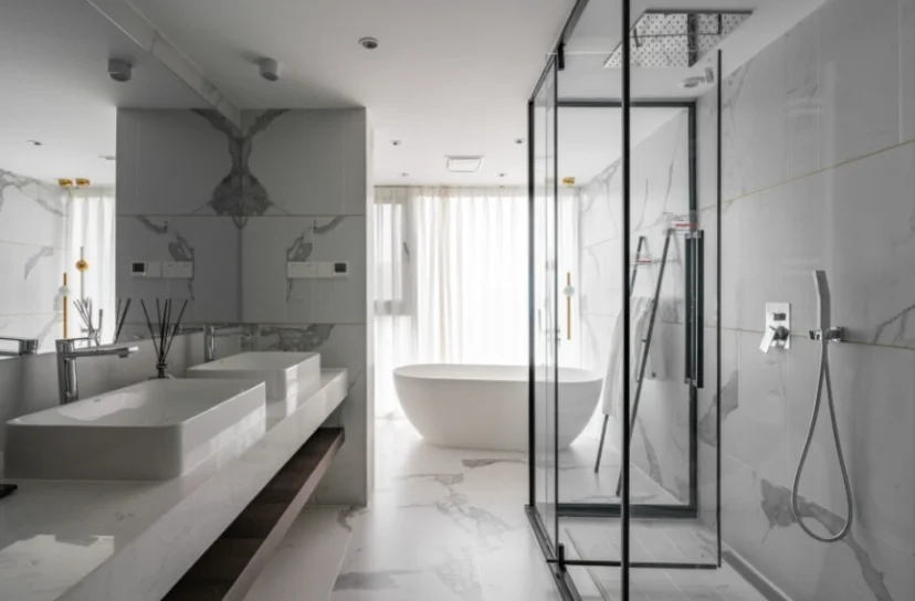 Luxurious marble bathroom, maintained following expert countertop maintenance tips.