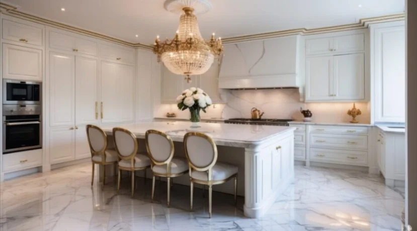 Luxurious kitchen with an island and a marble countertop, representing the importance of following countertop maintenance tips.