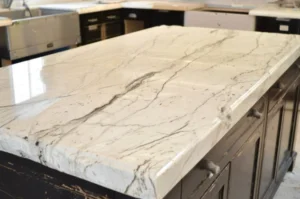 Marble countertop in a luxury kitchen, representing the beauty of natural stone countertops.