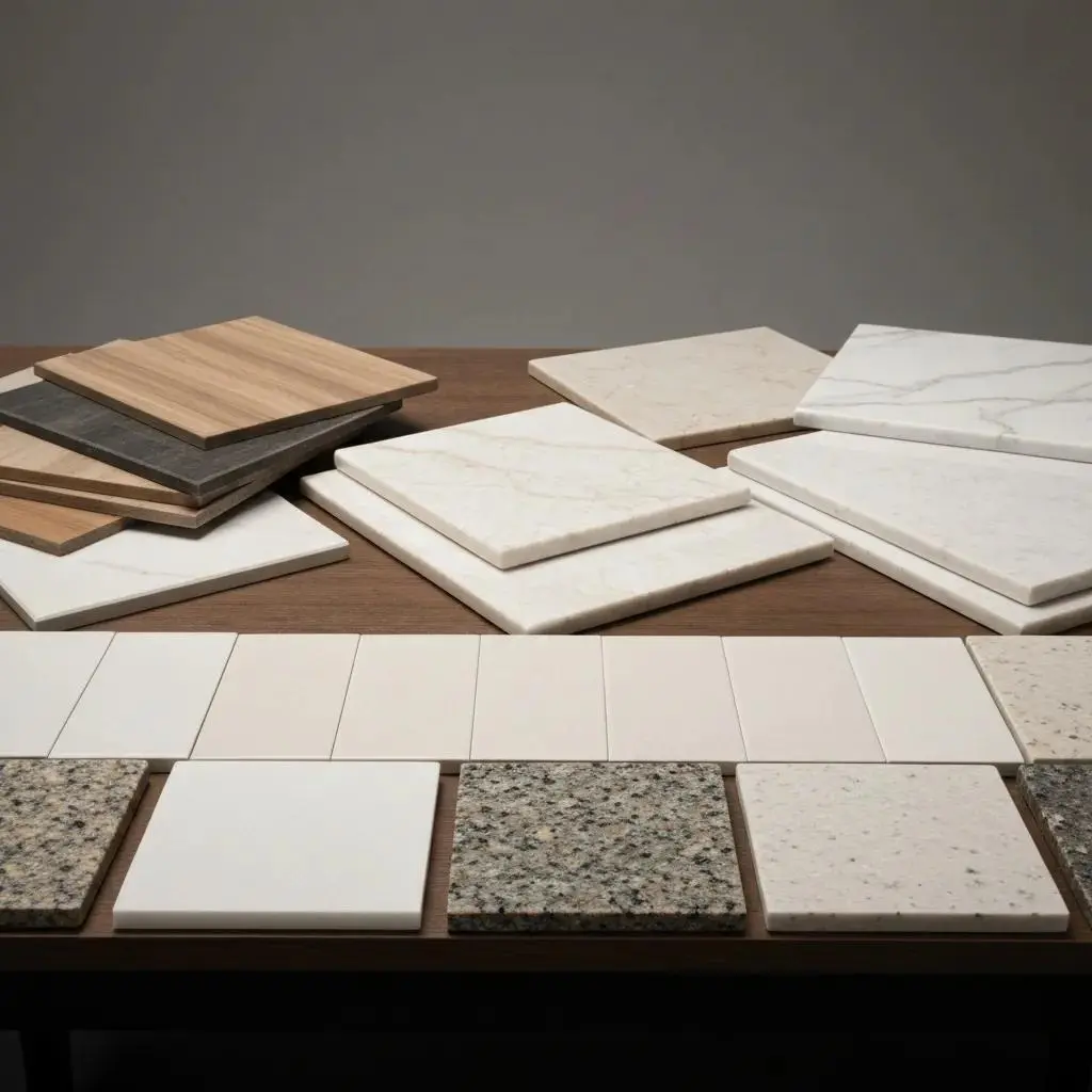 Selection of budget-friendly bathroom countertop materials: laminate, cultured marble, and stone remnants