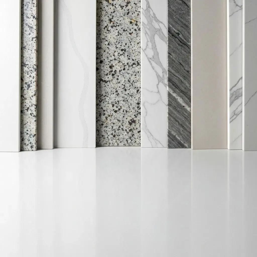 Selection of bathroom countertop materials: quartz, granite, marble, and porcelain