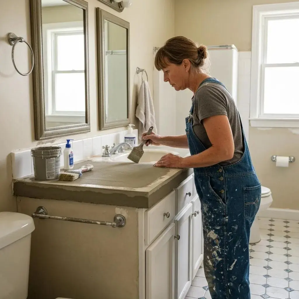 DIY homeowner applying a concrete microtopping to refresh a bathroom countertop