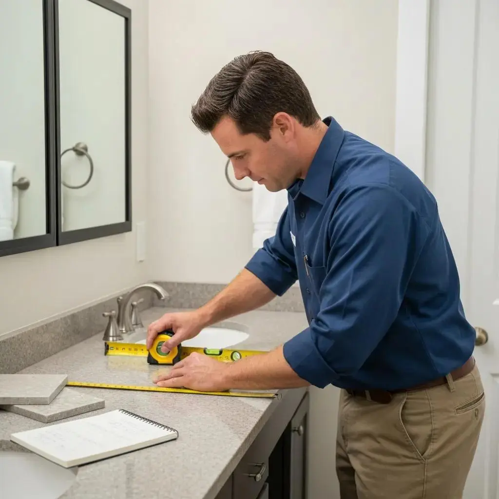 Installer measuring a bathroom for a new countertop with professional tools