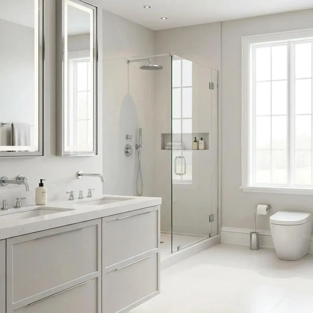 Modern bathroom showcasing a quartz countertop with minimalist design elements