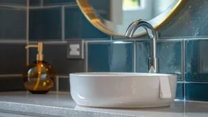 Cinematic interior photography of a sophisticated bathroom vanity area. The focus is on a sleek, grey quartz countertop with subtle white speckles, holding a modern, white ceramic vessel sink with a polished chrome faucet. Behind it, a backsplash of small, glossy deep blue subway tiles. A stylish round mirror with a thin brass frame hangs above, reflecting soft natural light coming from an unseen window. On the counter, a high-end amber glass soap dispenser and a folded white waffle-weave hand towel. Serene atmosphere, hyper-realistic, 8k, architectural magazine style, sharp focus on materials, clean composition.