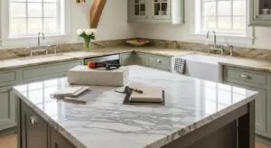 Realistic interior photography, stunning New England kitchen featuring three distinct stone countertop sections, a large central island in classic white Carrara marble with dramatic grey veining, perimeter counters in warm honey-toned granite with golden mineral flecks, and a prep area showcasing crisp white engineered quartz, soft natural light from a farmhouse window illuminating the varied stone textures and finishes, a stone mason's polishing tool and sample slabs resting on the island suggesting a consultation in progress, shaker-style cabinetry in sage green, exposed wooden ceiling beams, photorealistic, high resolution, professional interior design photography