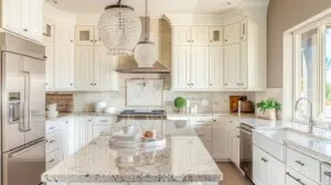 Beautiful modern kitchen transformation showcasing stunning new stone countertops, luxurious granite or quartz island with natural veining patterns, before and after concept with upgraded countertops as focal point, contemporary white cabinets, stainless steel appliances, natural sunlight streaming through windows, professional kitchen remodel result, inviting cooking space, DIY upgrade success, warm welcoming atmosphere, crystal clear details, no text, no people whatsoever