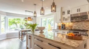 Beautiful renovated kitchen with affordable new countertops, modern updated look achieved on budget, white cabinets, stylish backsplash, natural abundant lighting, professional before-after concept photography, budget-friendly transformation, inviting upgraded space, no text, no people whatsoever
