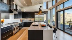 Stunning ultra-modern kitchen featuring sleek quartz countertops in bold deep charcoal or pure white, minimalist flat-panel cabinets, stainless steel appliances, dramatic pendant lighting, floor-to-ceiling windows with natural light, professional contemporary interior photography, cutting-edge kitchen design, sophisticated modern aesthetic, no text, no people whatsoever